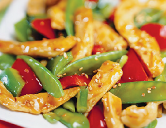 Sesame Chicken with Peppers and Snow Peas